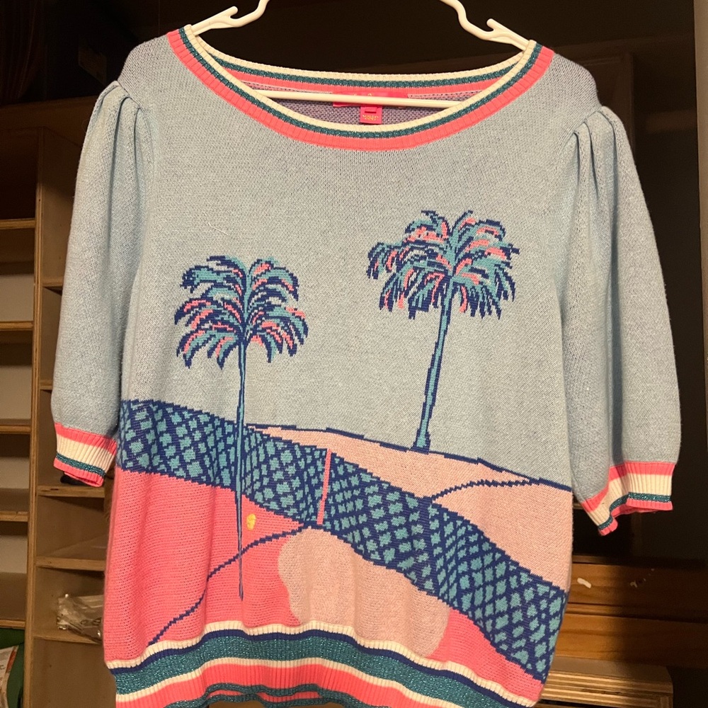 Lilly Pulitzer Light Blue Pink Palm Tree Crewneck Sweater